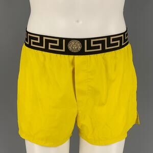 VERSACE Size M Yellow Black Gold Nylon Elastic Waistband Swim Trunks
